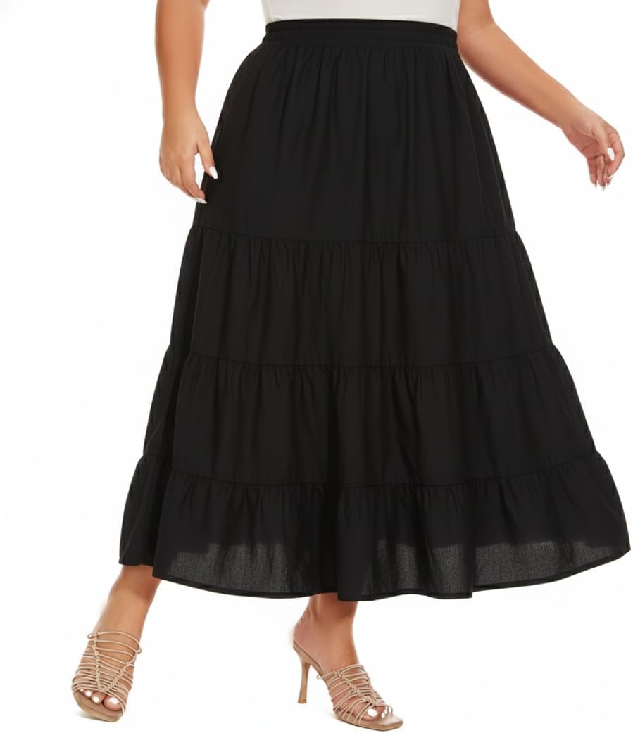 Beautybatik Women Cotton Plus Size Boho Gypsy Summer High Elastic Waisted A Line Long Maxi Tiered Skirt with Pockets