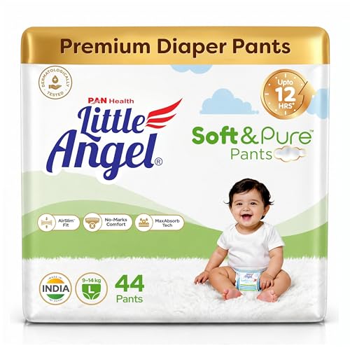 Image of Little Angel Soft & Pure Premium Baby Diaper Pants | Large (L) - 44 Count (9-14 Kgs) | With BreathableAir Layers for Rash-Free Comfort, Lightweight AirSlim Fit, No-Marks Soft Waistband, MaxAbsorb Dry Protection & Calendula Extracts for Baby's Soft Delicate Skin