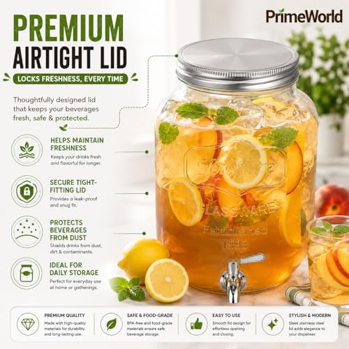 Image of PrimeWorld 1Pc 4 LTR Glass Water Beverage Dispenser - Air Tight Lid Glass Pitcher for Detox Water - Mason Jar - Counter Table Top Juice Water Beer Dispenser for Home & Kitchen Restaurant Party