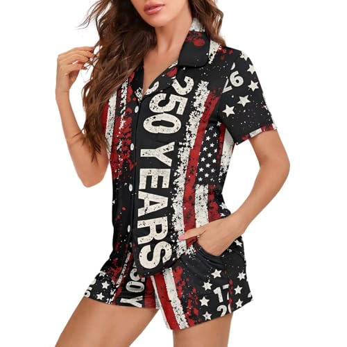 Image of Women's Short Sleeve Sleepwear Button 2 Piece Plus Size Pajamas Casual Soft Stretchy Funny Nightwear with Pockets