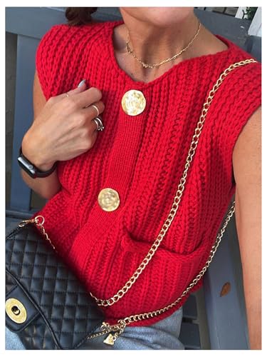 GORGLITTER Women's Button Up Sweater Vest Top Knitted Crewneck Sleeveless Open Front Cardigan3