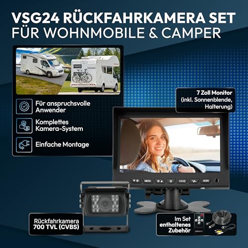 VSG24 Rückfahrkamera 7' Camper-Set inkl. Kamera, Monitor, Kabel - Wasserdicht Nachtsicht 12V-24V...