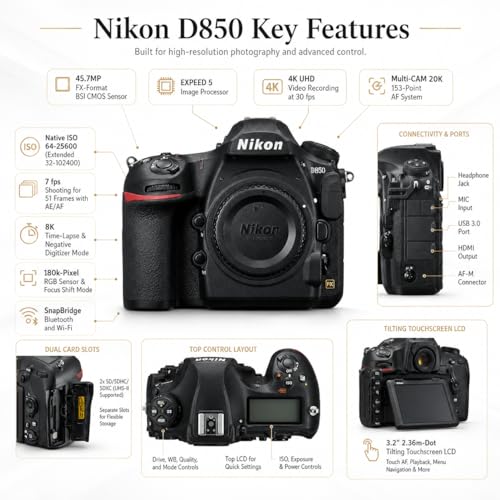 Image of Nikon D850 DSLR Camera, Bundle with 64GB Memory Card | Multi-Device Shoulder Bag | Screen Protector | Nikon 1-Year Warranty