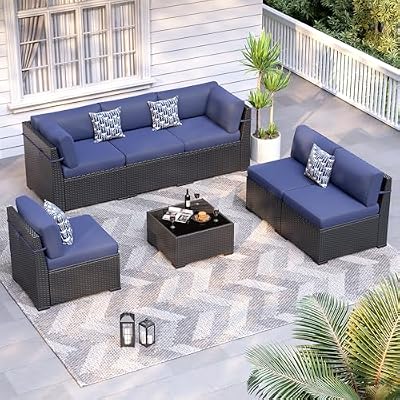 VONZOY Patio Furniture Sets, 7-Piece Outdoor Patio Furniture with Thick Cushions,Coffee Table Outdoor All-Weather Conversation Set Sectional Sofa for Backyard, Poolside, Garden(Navy Blue)