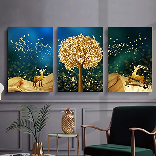 Décoration murale salon moderne avec cette toile cerf doré et arbre abstrait scandinave 30x45cm
