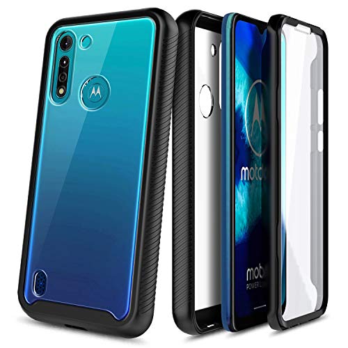 E-Began Motorola Moto G8 Power Lite Case with Built-in Screen Protector, Full-Body Protective Rugged Bumper Cover, Transparent Clear Back, Shockproof Impact Durable Case -Black