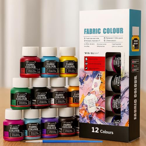 Textilfarbe Waschmaschinenfest Set 12x25ml – Stoffmalfarben Set – Waschfeste Stofffarben für T-Shirt, Jeans, Baumwolle, Polyester – Intensive Farben für Kleidung & DIY Projekte