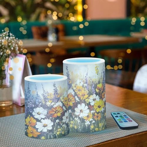 Image of Yellow White Purple Wildflowers Oil Pattern Flickering Flameless Candles LED Battery Operated with Remote Timer Pillar Candles for Home Birthday Wedding Christmas Decor, Set of 2