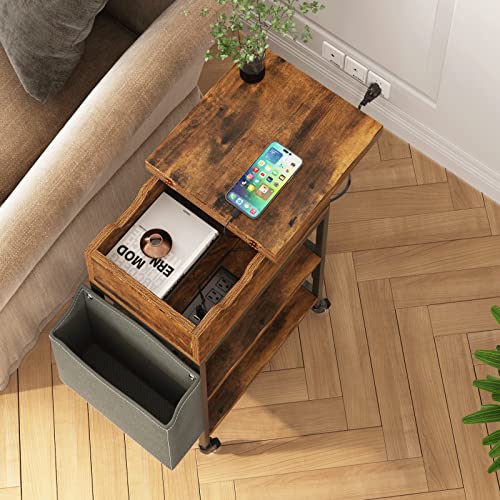 Fameill Narrow End Table With Charging Station Flip Top Bedside Tables For Small Spaces Living Room Bedroom Mobile Sofa Side Table With Storage Shelf For Living Room Bedroom,Rustic Brown #TOP7