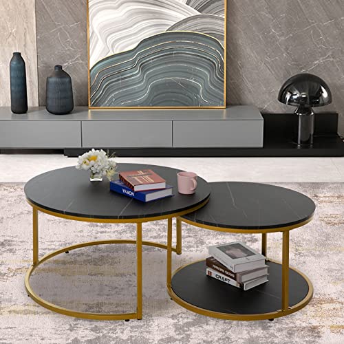 Image of NSdirect Nesting Coffee Table Set of 2,Round Coffee Tables Modern Circle Table for Living Room Accent End Side Table with Storage Open Shelf Faux Marble Wood Top & Gold Sturdy Metal Frame(Black&Black)