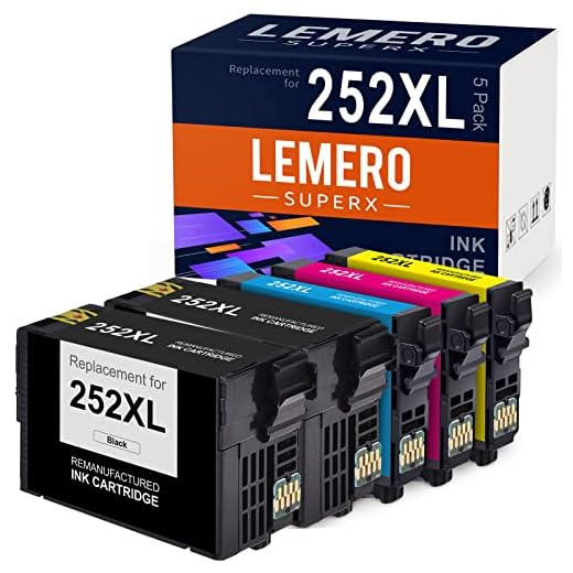 LemeroSuperx Remanufactured Ink Cartridges Replacement for Epson 252 252XL Work for Workforce WF-7720 WF-7710 WF-3620 WF-3640 WF-7210 Printer (Black Cyan Magenta Yellow, 5 Combo Pack)