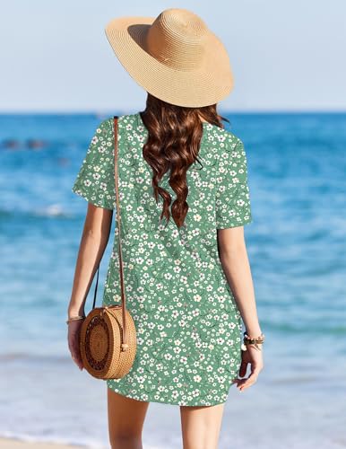 Ekouaer Swimsuit Coverup for Women 2026 Short Sleeve Bathing Suit Cover Ups Beach Summer T-Shirt Dresses with Pockets Flower Green M — view 3