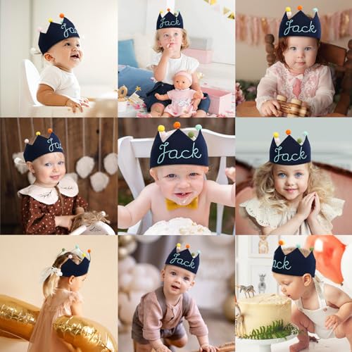 Personalized Hand Embroidered Crown Custom 1st First Birthday Crown Hats For Baby Kid Birthdays Fit All Ages4
