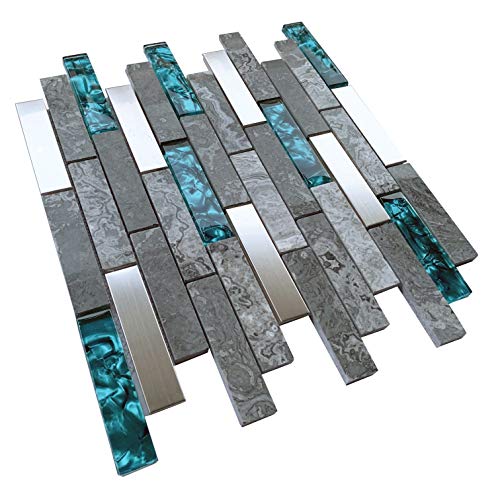 Hominter 3"X12" Sample Polished Marble And Blue Glass Mosaic Mixed Silver Brushed Stainless Steel Metal Tile, Perfect For Kitchen Backsplash, Bathroom And Accent Walls Mgt04 #TOP2