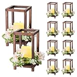 VEVOR 10 Set/30 Pcs Wooden Wedding Lantern Centerpiece, Includes 10 Wooden Lantern Candle Holder 10 Flameless LED Candle 10 Champagne Flower Wreath for Wedding Table Party Farmhouse Decor, Brown