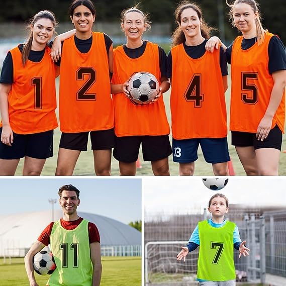 Malloom 24 Stück Fußball Leibchen für Kinde, Grün & Orange Mesh Sport Trainingsleibchen, Wendbare Nummerierte Trainingswesten für Fussball Volleyball Basketball Teamtraining