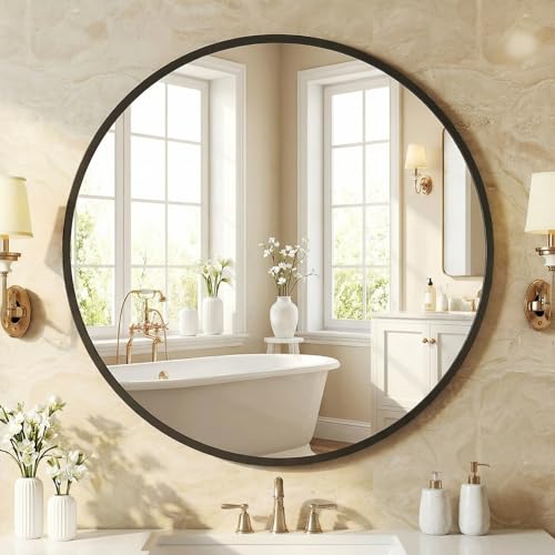 Image of NEWBULIG 30 Inch Round Wall Mirror, Bathroom Mirrors for Over Sink, Matte Metal Framed Circle Vanity Mirror, Wall Decor for Bedroom, Anti-Rust, Tempered Glass, Hanging or Leaning, Classic Black
