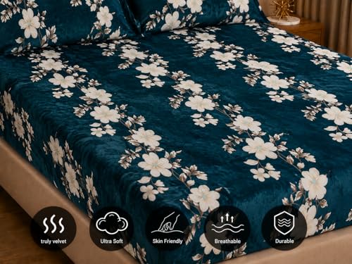 Image of Warm Flannel (Flano) King Size Winter Fitted Bedsheet | All Side Elastic Premium Winter Soft Velvet Furnishing Bed Sheet with 2 Big Pillow Cover Size - 72 x 78 X 8 Inches Ice Green