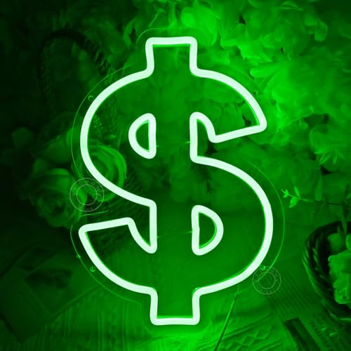 Image of SYLHOME Dollar Led Neon Light Sign Green Money Home Office Store Wall Decor | Business Shop Bar Business Company Bedroom Wall Neon Light Sign Decor Birthday Christmas Party Gift Decor, 13.78 inchX9.65 inch, USB