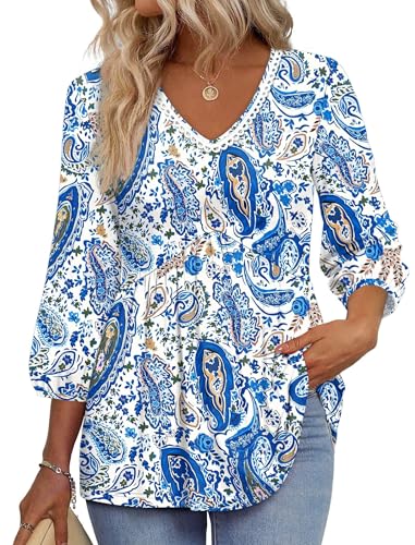 Image of OFEEFAN 3 /4 Length Sleeve Womens Tops 2026 Blouses for Women Dressy Casual Fashion Clothing V Neck Babydoll Tops Fall Outfits