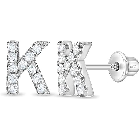 925 Sterling Silver Clear Cubic Zirconia Initial Alphabet Letter Screw Back Earrings for Young Girls and Teens - First Initial Earrings for Stylish Kids - Hypoallergenic and Safe for Sensitive Ears