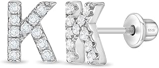 925 Sterling Silver Initial Letter"K" Clear Cubic Zirconia Alphabet Screw Back Earrings for Girls and Teenage Girls - Sparkling Clear CZ Screw Back Earrings for Everyday Wear