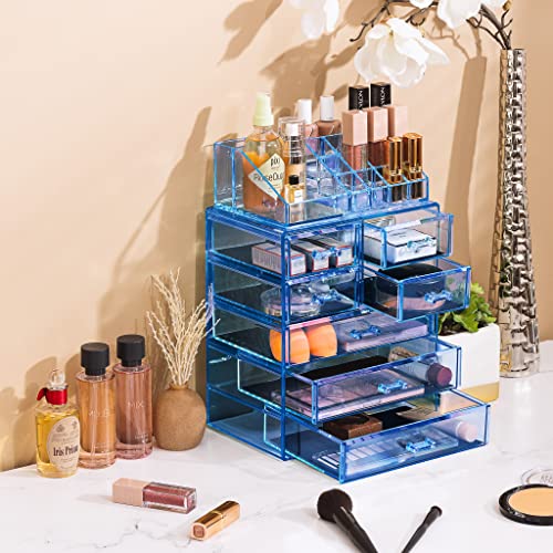 Image of Sorbus Acrylic Makeup Organizer Set, 7-Drawer Vanity & Countertop Cosmetic Storage with Small & Wide Compartments, Blue Brilliance Makeup Storage for Brushes, Jewelry - Holiday Gift for Women & Teens