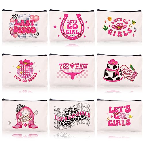 Disco Cowgirl Cosmetic Makeup Bag 9PCS Bachelorette Party Favor Bags Cowgirl Birthday Party Decorations Supplies Gift Canvas Cosmetic Travel Pencil Bags Pouch with Zipper for Women