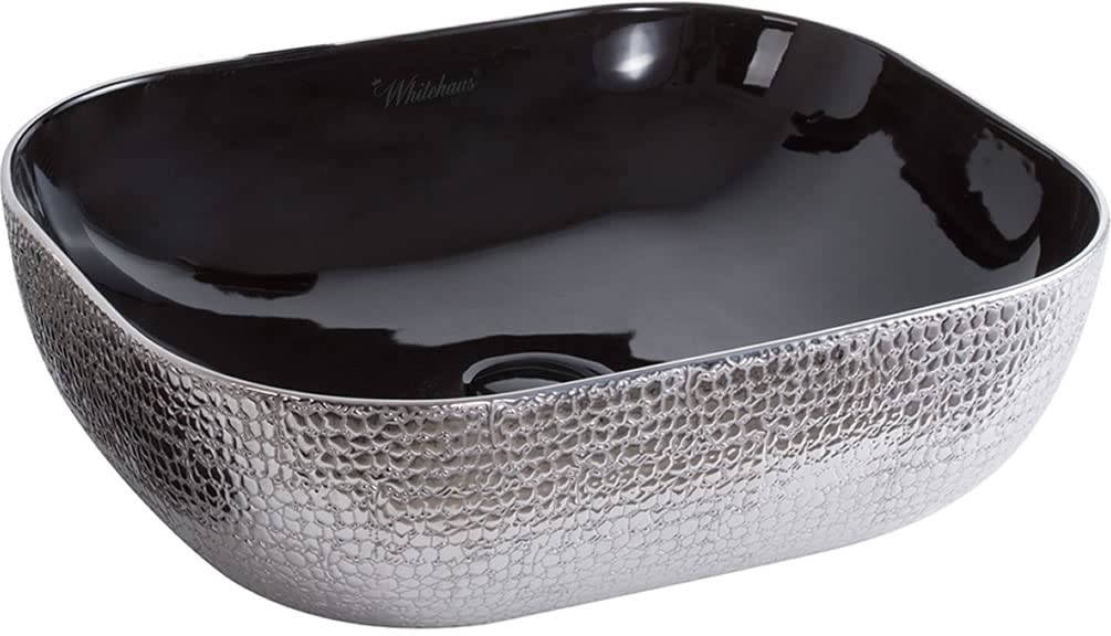 Whitehaus Collection WH71302-F20 Isabella Plus Collection Rectangular Above Mount Basin with an Embossed Exterior, Smooth Interior, and Center Drain, Black/Silver