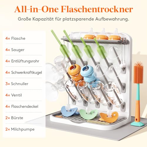 Lifewit Großer Trockenständer Babyflaschen mit Abtropfmatte, 15 Haken Flaschentrockner mit Abtropfschale für Arbeitsplatte, Vertikal Flaschenständer Abtropfgestell für Bechern Pumpenteile Babyzubehör 2