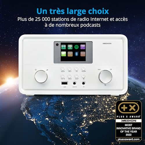 MEDION Radio Internet P85027 (Dab Plus, Radio FM, Spotify Connect, WLAN, Bluetooth, Streaming, égaliseur, écran Couleur, USB, AUX, réveil, Fonction Snooze, Sleep Timer) Blanc