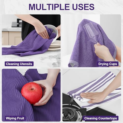 Image of Homaxy Premium Kitchen Towels(18 inchx 28 inch, 3 Pack), Large Cotton 380 GSM Kitchen Hand Towels, Soft and Absorbent Terry Dish Towels, Multipurpose Tea Towel Set with Hanging Loop, Purple