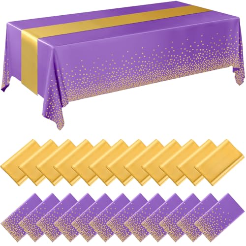 Image of Breling 24 Pack Purple and Gold Disposable Plastic Tablecloths and Satin Table Runner Set, 54 x 108 Inch Tablecloth, 12 x 108 Inch Table Runners for Wedding Graduation Birthday Baby Shower