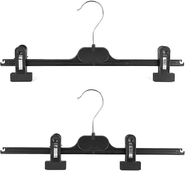KAPCO Clip Hangers (10 Pack) (40cm wide) Black Plastic Adjustable Space Saving Clothes Organiser for Wardrobe, Kids Closet & Clothing Rail | Trouser, Skirt & Pant Hanging with Extender Clips and Hooks