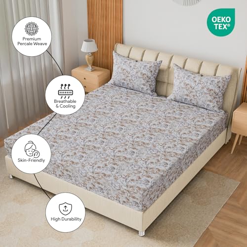 Image of LINENWALAS 100% Cotton 200 TC Double Fitted Sheet with 2 Pillow Covers | 360 Elastic Bedsheet with 4-8 inch Deep Pocket - Soft Breathable Bedding (72x72 inch, Sand Stone)