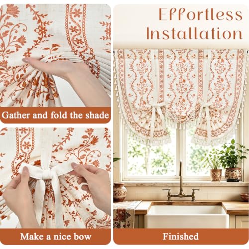 Image of Yinhua Boho Tie Up Curtains for Windows Vintage Linen Valance Light Filtering Floral Valance Rod Pocket Rustic Adjustable Tassel Window Valances for Bathroom, 42 inch W X 45 inch L, White Orange