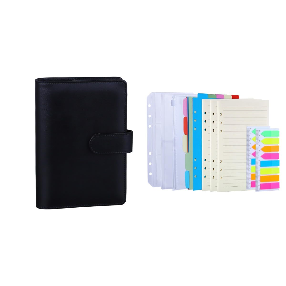 Antner A6 PU Leather Notebook Binder (Black) Bundle | 3 Pack A6 Refill Paper, 2 Pack 160pcs Neon Page Markers, 10pcs Binder Dividers, 3pcs Binder Pockets