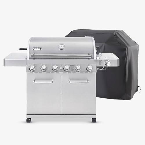 Monument Grills 77352 6-Burner Stainless Steel Cabinet Style Propane Gas Grill with Knob Controls, Built-In Thermometer with BBQ Cover(2 Items)