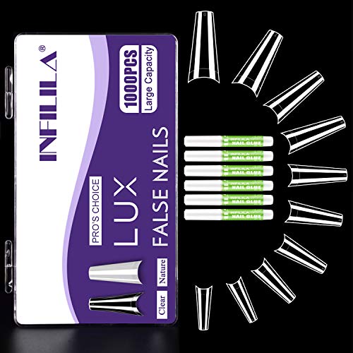 1000PCS Coffin Nail Tips With Glue-INFILILA Clear French Nail Tips Large Capacity Ballerina Acrylic Nail Tips Half Cover False Nails 10 Sizes With Case Fake Nail Tips for Nail Salon DIY Nail Art