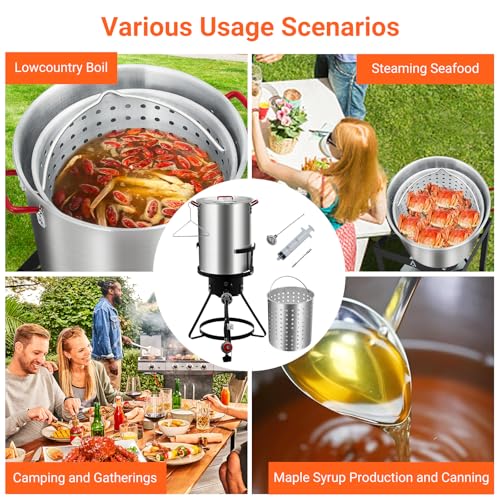 GarveeHome 30 Qt Turkey Fryer, Aluminum Seafood Boiler Steamer, Outdoor Deep Fryer with 0-5 PSI Regulator, Fish Fryer Pot with Propane Stove Burner Stand and Thermometer Kit for Frying Turkey