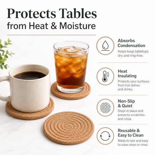 ABenkle Woven Coasters for Drinks Set of 6, Boho Absorbent Drinking Coaster, 4.3 Inch - Perfect Housewarming Gift, Home Decor, Bar Essentials for Coffee Table
