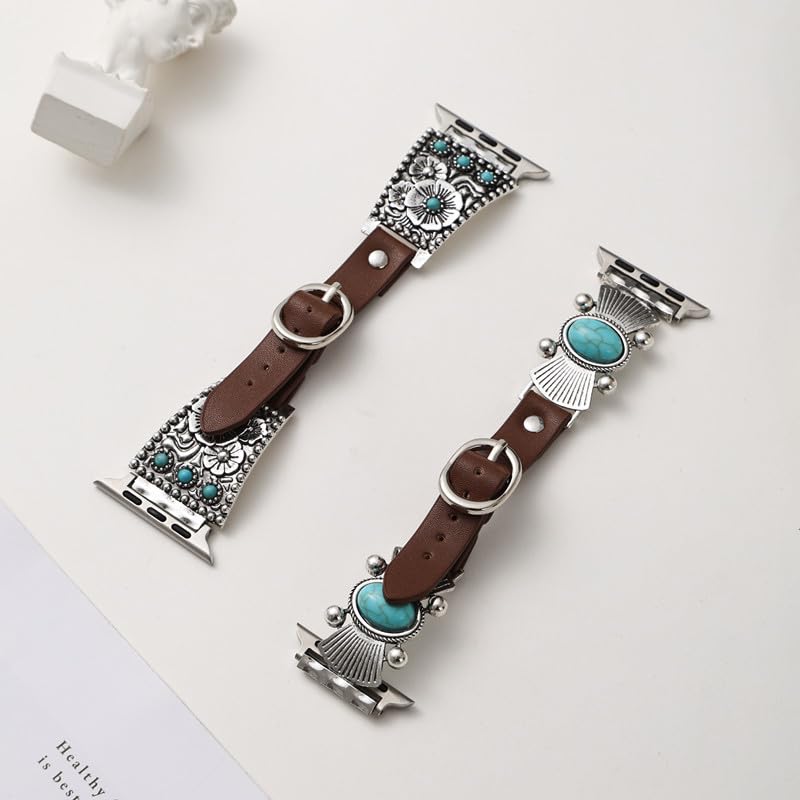 Bracelet de montre bohème vintage en cuir turquoise antique compatible avec iWatch pour homme et femme | Bijoux occidentaux cowboy chic, compatible avec Smart Watch Series Ultra 2SE