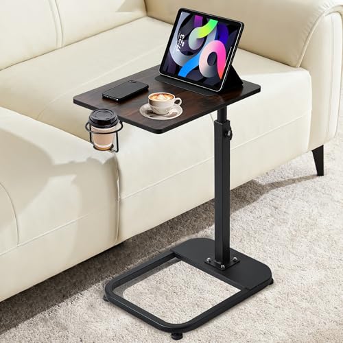 facka Adjustable TV Tray Table with Rounded Metal Corners C-Shaped Snack Table for Couch Sofa Bed or Chair Small Space Side Table for Eating Dinner or Laptop Use