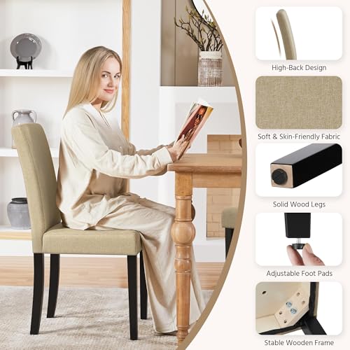 Image of Yaheetech Dining Chairs Set of 6 Fabric Upholstered Parson Kitchen Chairs with Padded Seat and Solid Wood Legs for Dining Room /Restaurant, Khaki