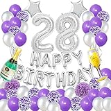 Happy 28TH Birthday Party Decorations Pack-Purple Silver Theme Happy Birthday Banner Foil Number 28...