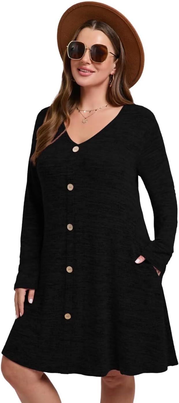 MONNURO Womens Plus Size Dresses Casual Swing Tunic Dress V Neck Button Lightweight Sweaters Dress Pockets - Image 3