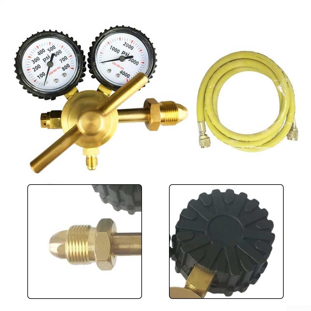 Regolatore di pressione per azoto HVAC con doppi manometri, ingresso CGA580, porta di scarico svasata da 1/4", intervallo di consegna 0-800 PSI, lunghezza del tubo da 199,9 cm
