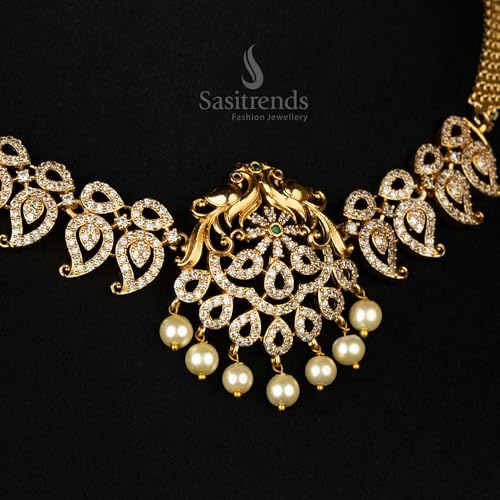 Image of Sasitrends Temple Wear Gold Plated AD Studded Choker Necklace With Earring Jewellery Set For Women & Girls