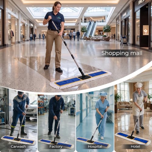 Image of 40 inch Commercial Dust Mop, Large Dust Mop with 2 Washable Pads, Blue | Industrial Mop with 2 Washable Pads, Large Heavy Duty Industrial Push Mop for Hardwood, Marble, Laminate, Vinyl, Concrete