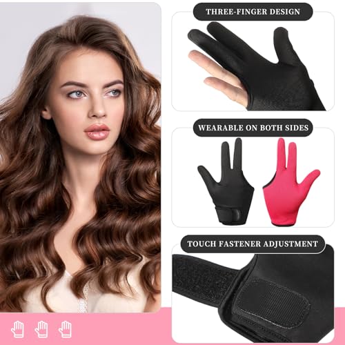 geyoga 2 pcs heat resistant gloves for hair styling 3 finger barber gloves reusable curling wand heat protector for hair dyeblack rose red